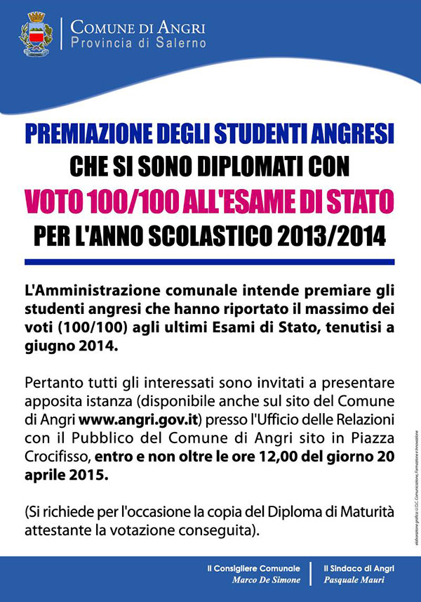 Premiazione degli studenti angresi che si sono diplomati con 100/100 nell'anno scolastico 2013/2014