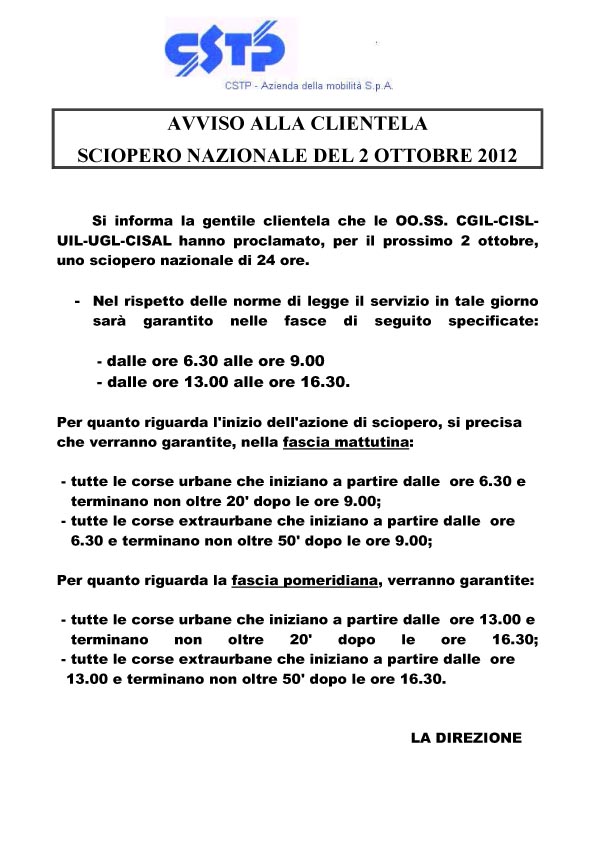 SCIOPERO NAZIONALE DEL 2 OTTOBRE 2012