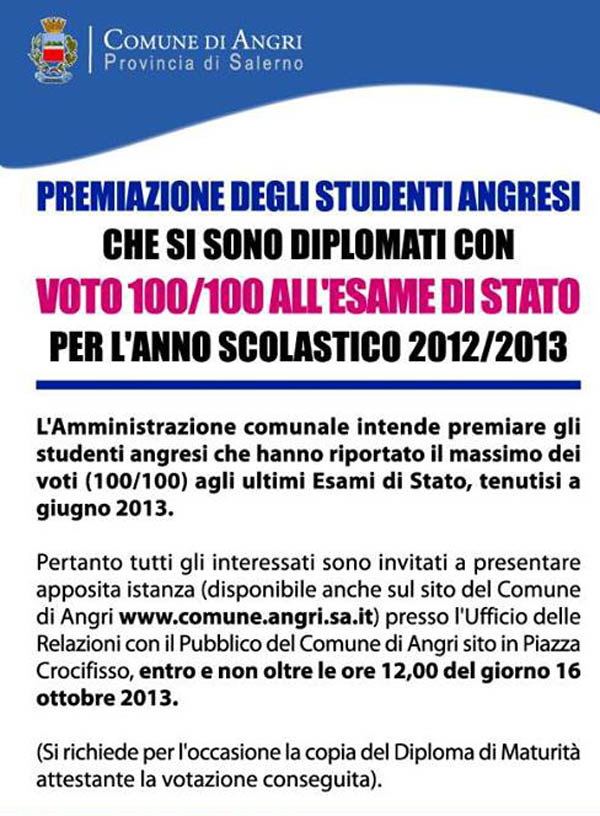 Premiazione degli studenti angresi diplomati con 100/100 all'esame di stato