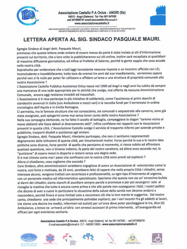 L'Associazione Castello scrive una Lettera aperta al Sindaco