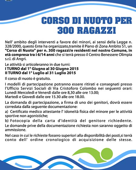 CORSO DI NUOTO PER 300 RAGAZZI