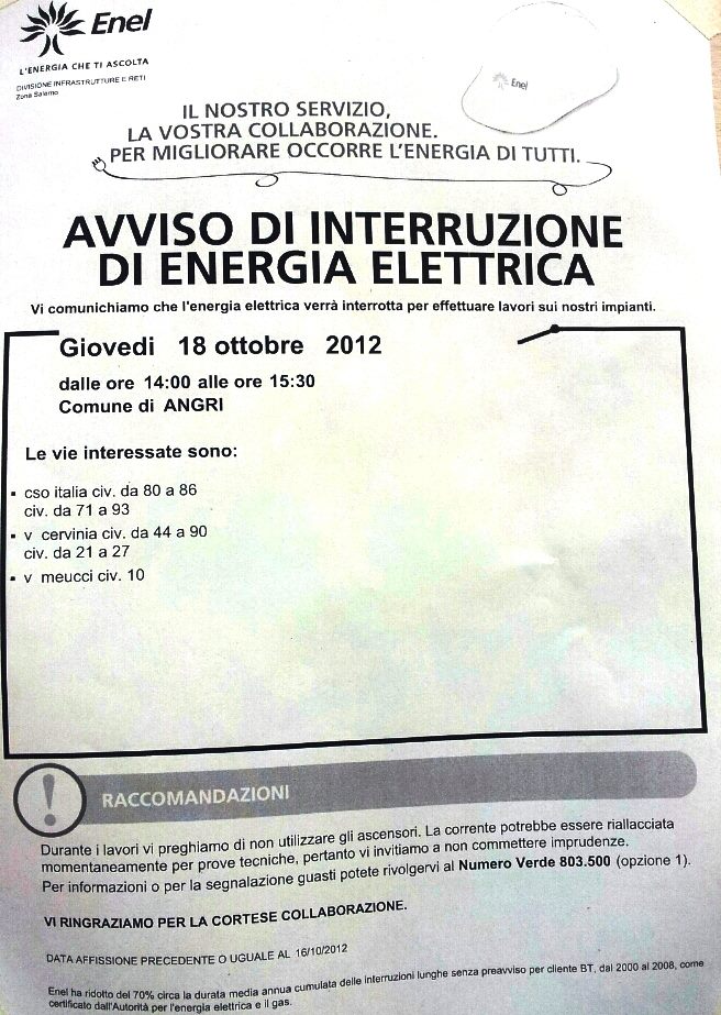 Angri - Avviso di interruzione di energia elettrica