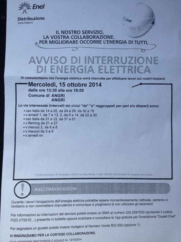 Avviso di interruzione di energia elettrica 