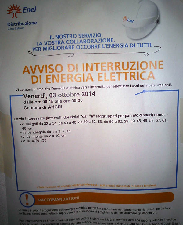 Avviso di interruzione di energia elettrica 